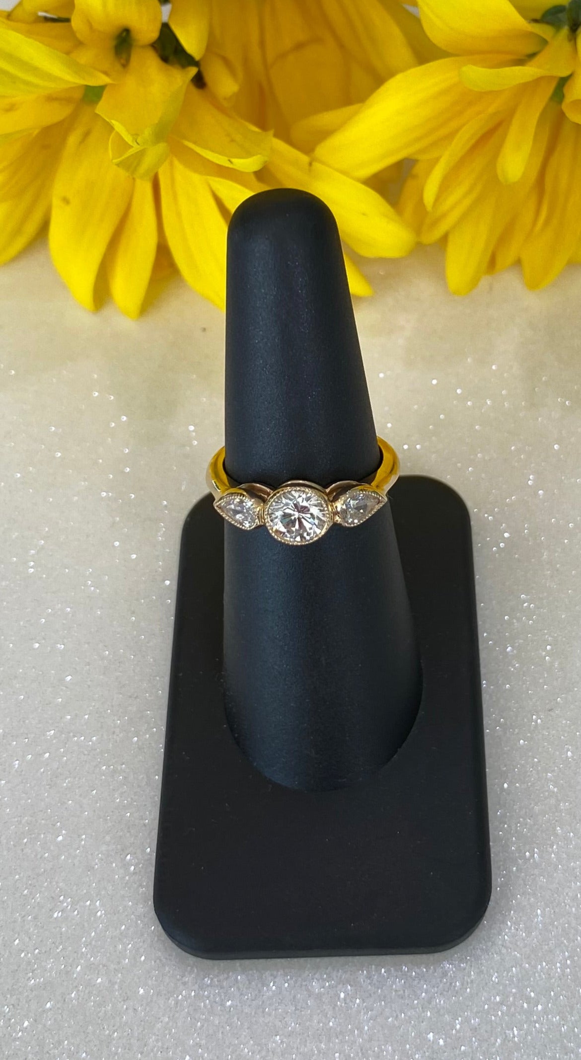 Three Diamond Round & Pear Yellow Gold Engagement Ring