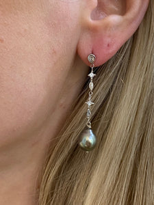 Dainty Diamond & Tahitian Pearl Drop Earrings