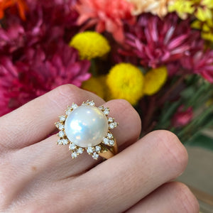 18K Gold Vintage Pearl and Diamond Sun Flare Ring