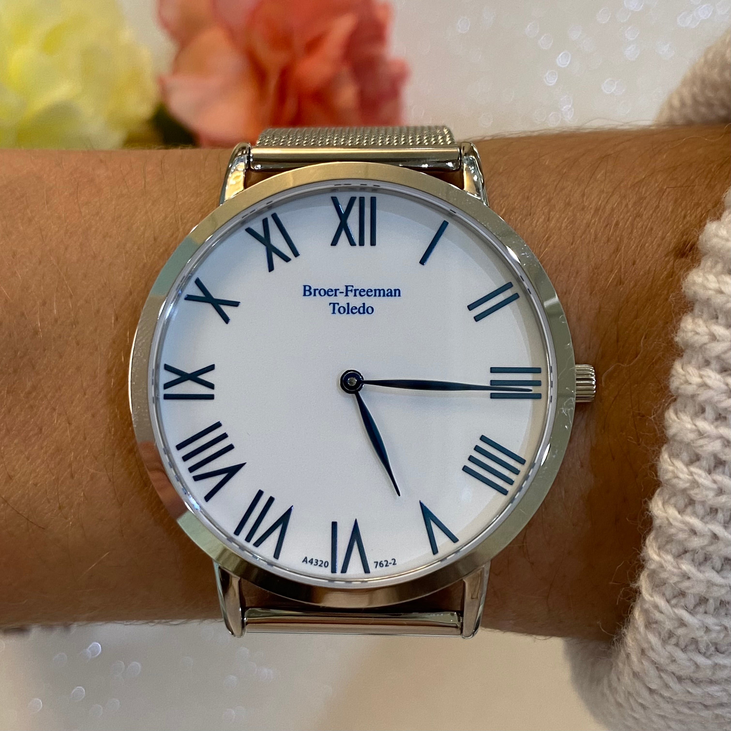 White Dial Teal Numeral Silver Mesh Bracelet Watch