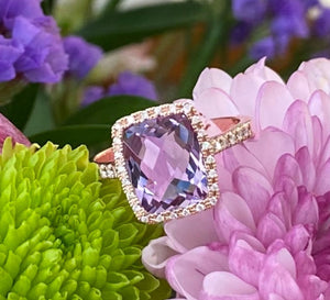 Rose Gold Pink Amethyst and Diamond Cocktail Ring