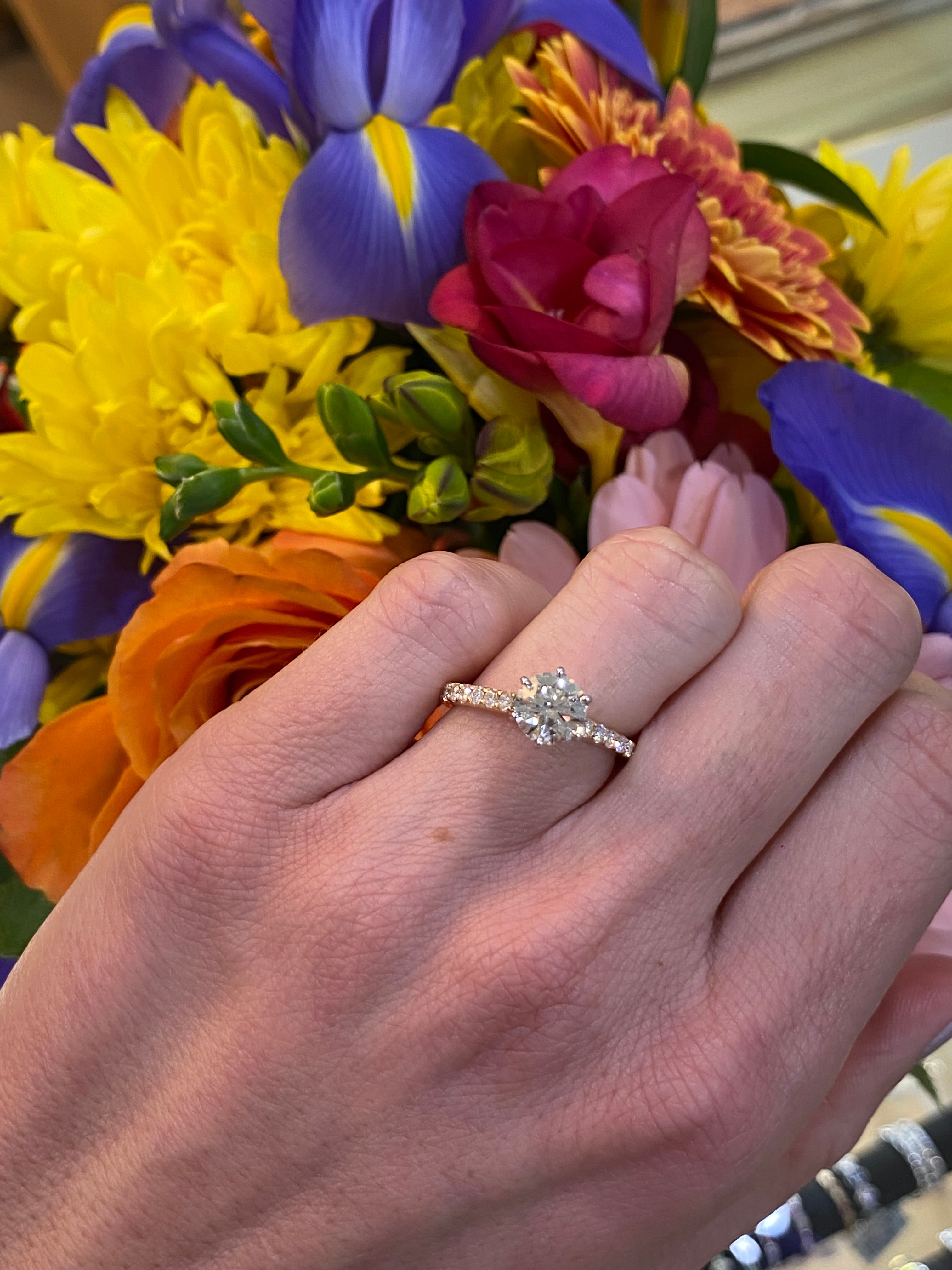 18K Two Tone Gold Round Diamond Center with Round Diamond Band Engagement Ring