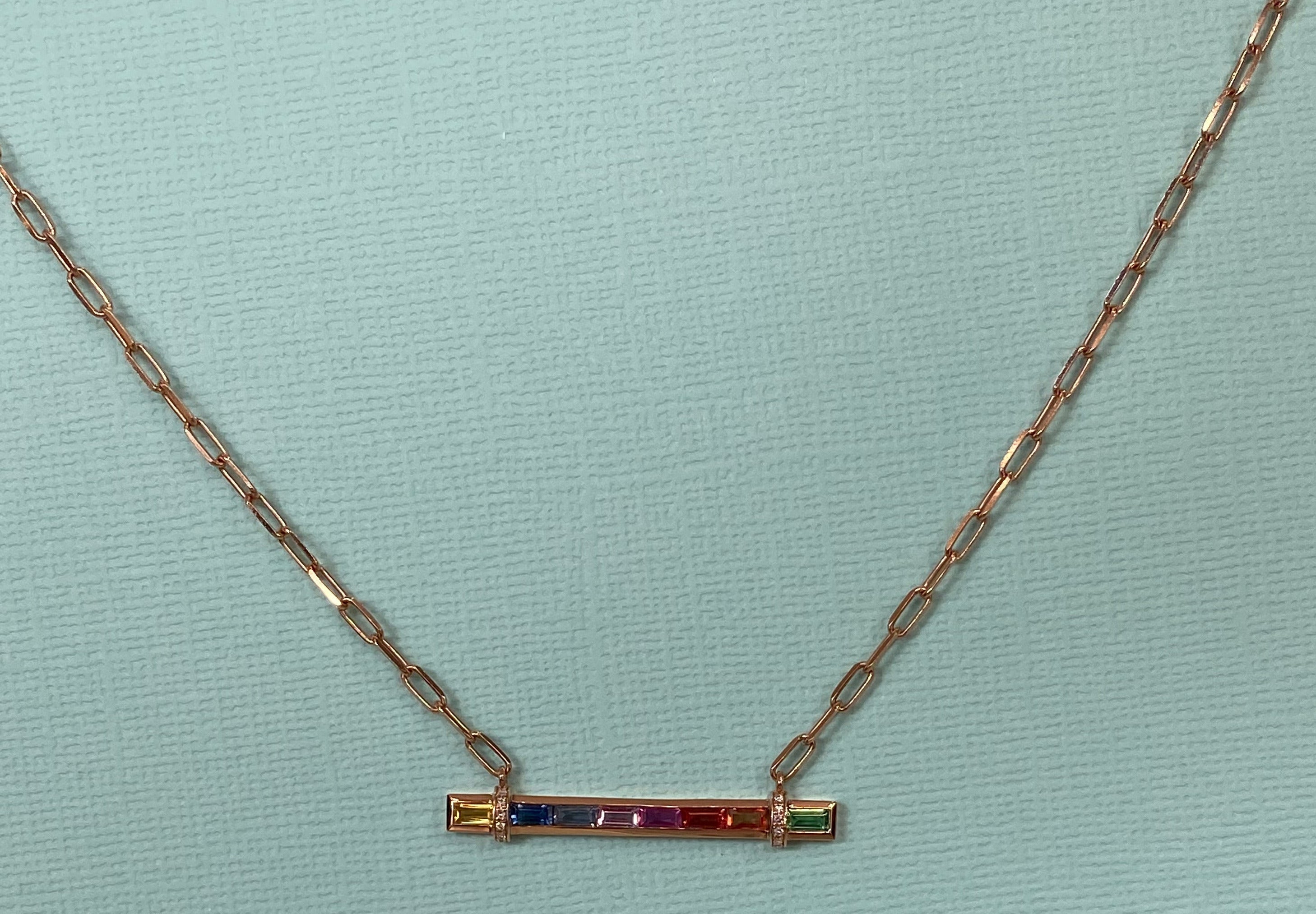 Rose Gold Rainbow Sapphire Bar Necklace