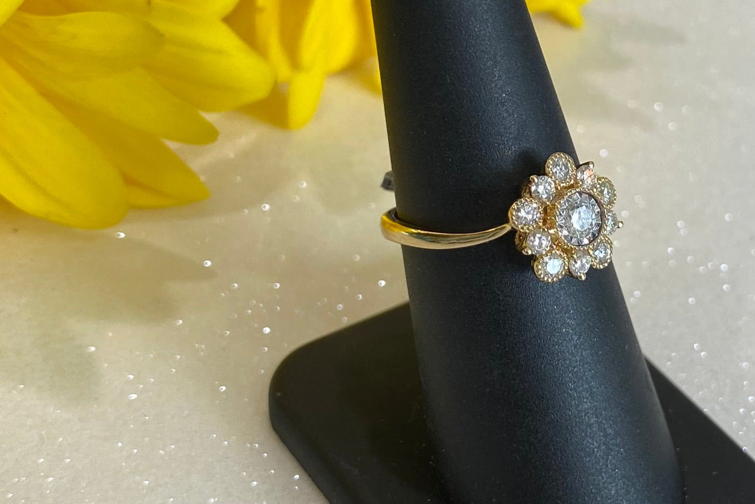 Yellow Gold Round Diamond Flower Style Engagement Ring