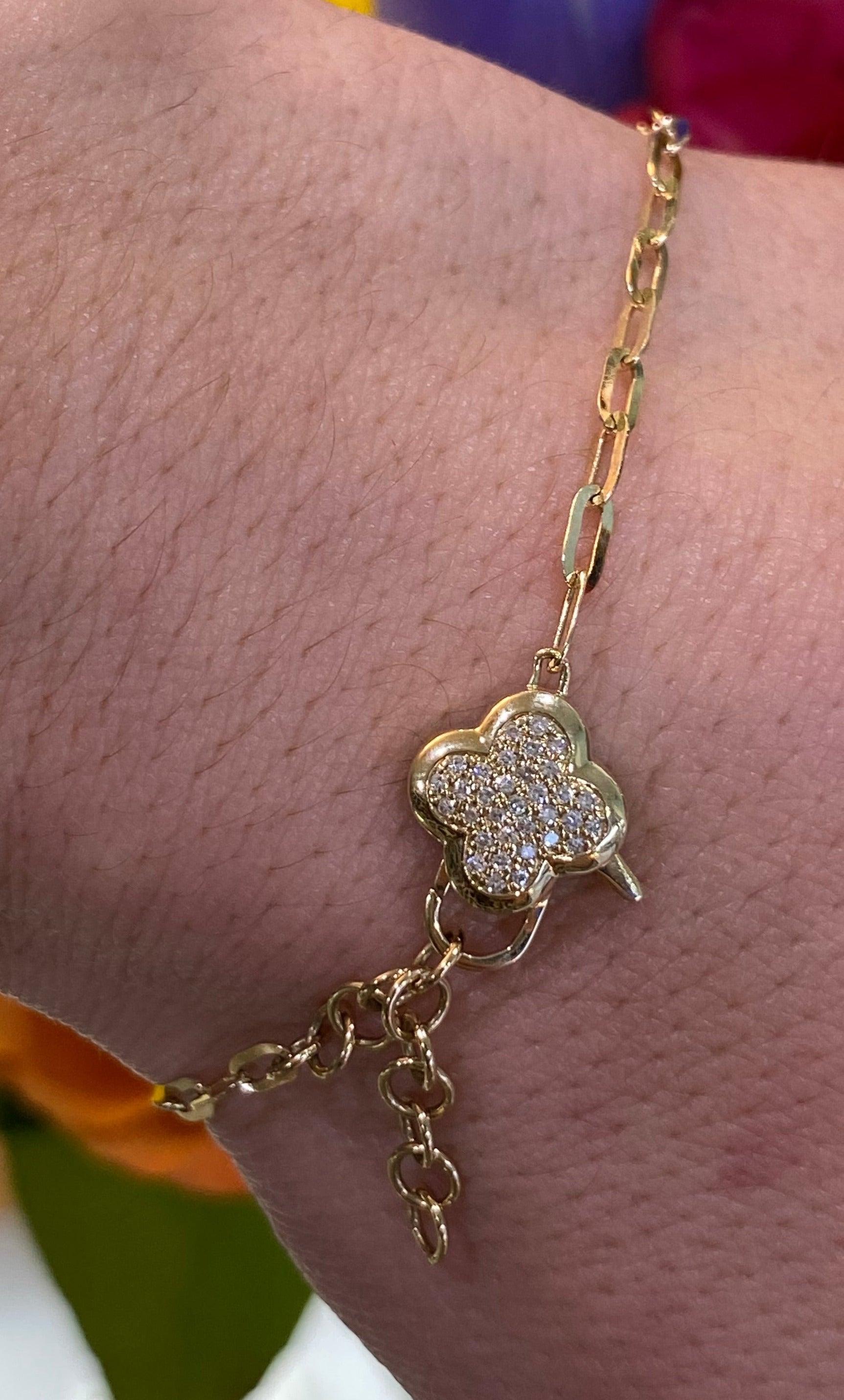 Yellow Gold Diamond Quatrefoil Clasp Paper Clip Bracelet