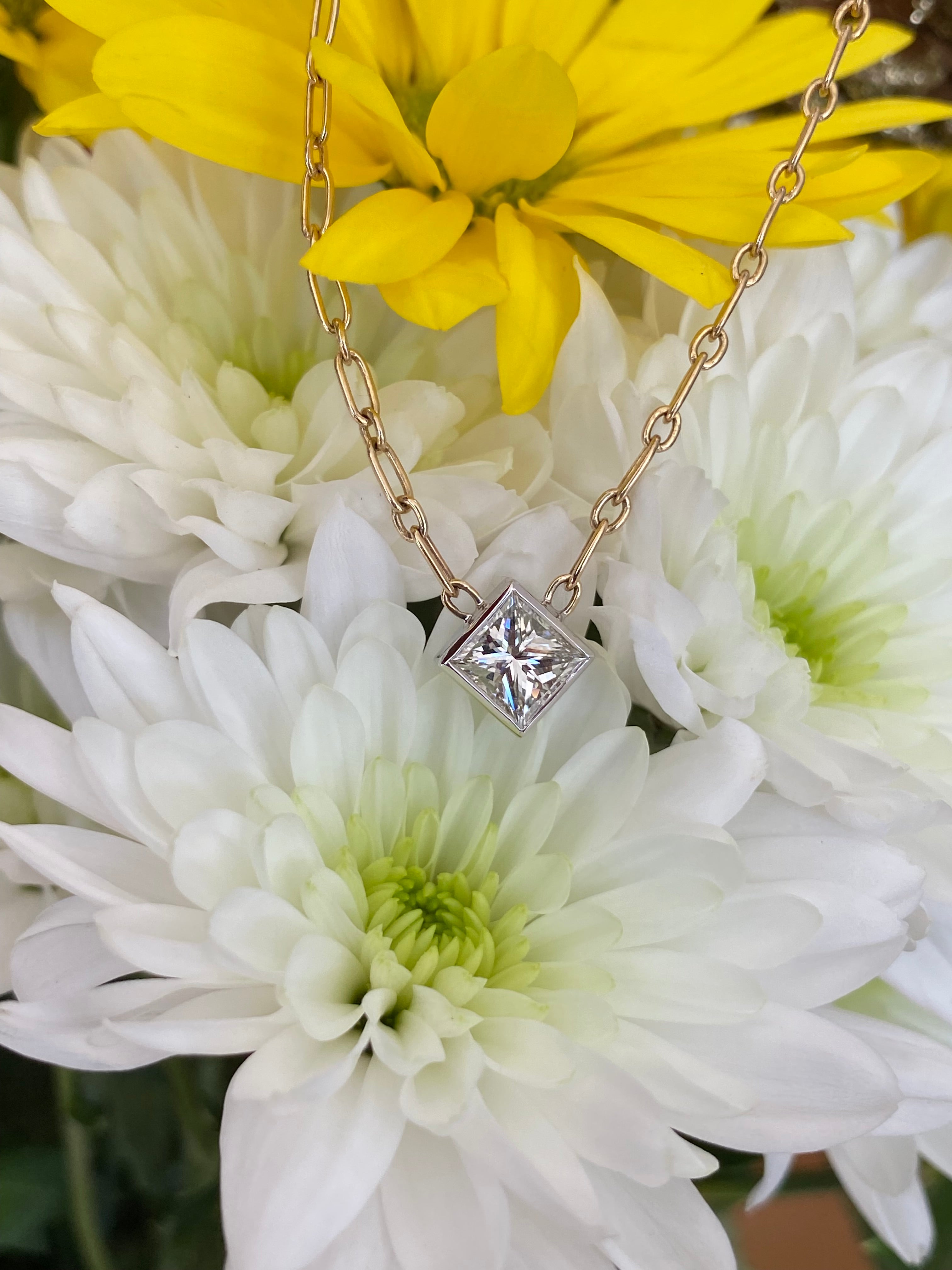 14K Gold Paper Clip Chain Princess Cut Diamond Necklace