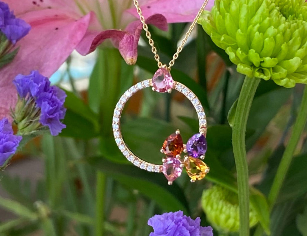 Gemstone and Diamond Circular Bouquet Pendant Necklace