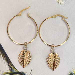 Yellow Gold Palm Tree Drop Hoop Earrings