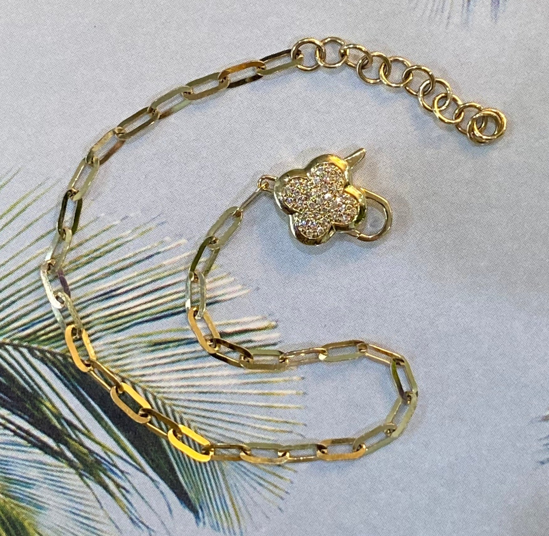 Yellow Gold Diamond Quatrefoil Clasp Paper Clip Bracelet