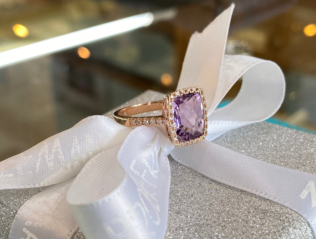 Rose Gold Pink Amethyst and Diamond Cocktail Ring