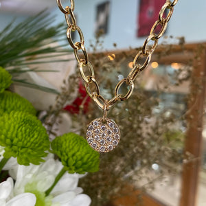 Bold Yellow Gold Pave Diamond Disk Necklace
