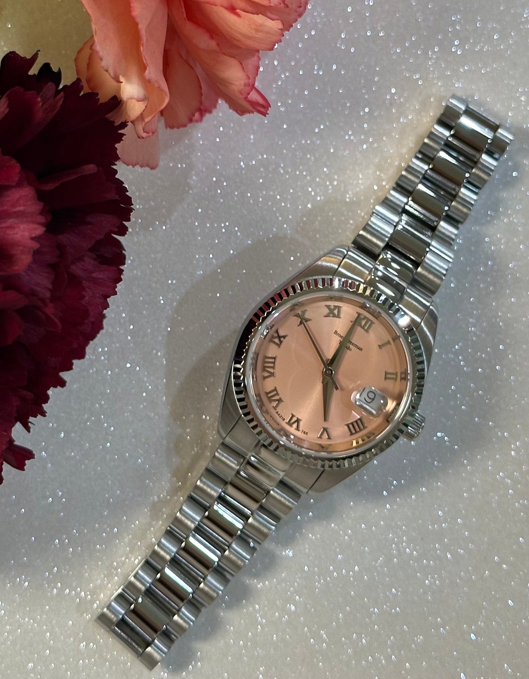 Salmon Mother of Pearl Dial Silver Toned Bracelet Watch