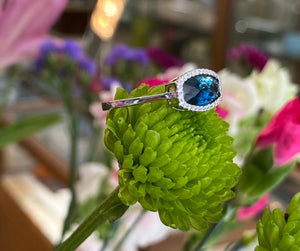 White Gold Deep Blue Topaz and Diamond Ring