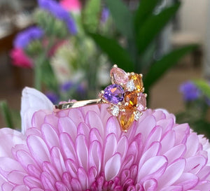 Yellow Gold Gemstone and Diamond Bouquet Ring