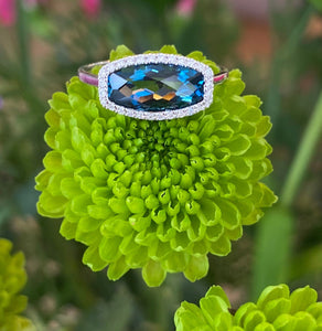 White Gold Deep Blue Topaz and Diamond Ring