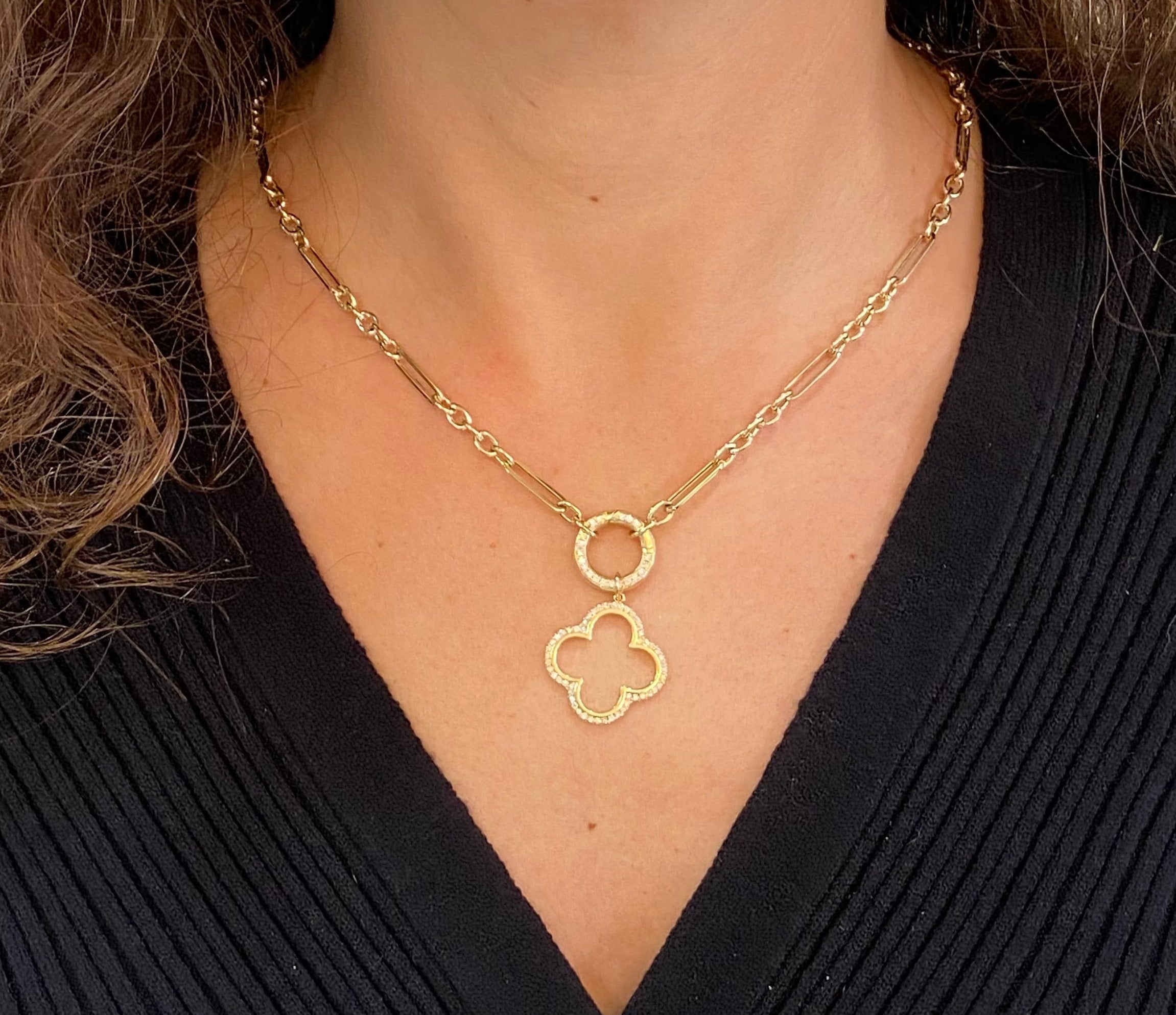 Clover & Circle Drop Pendant Paper Clip Necklace