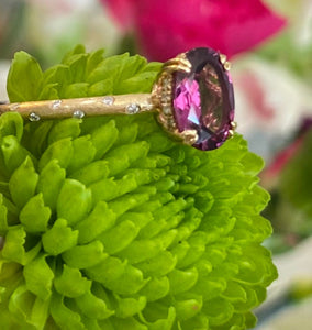 Yellow Gold Bezel Diamond Band Garnet Ring