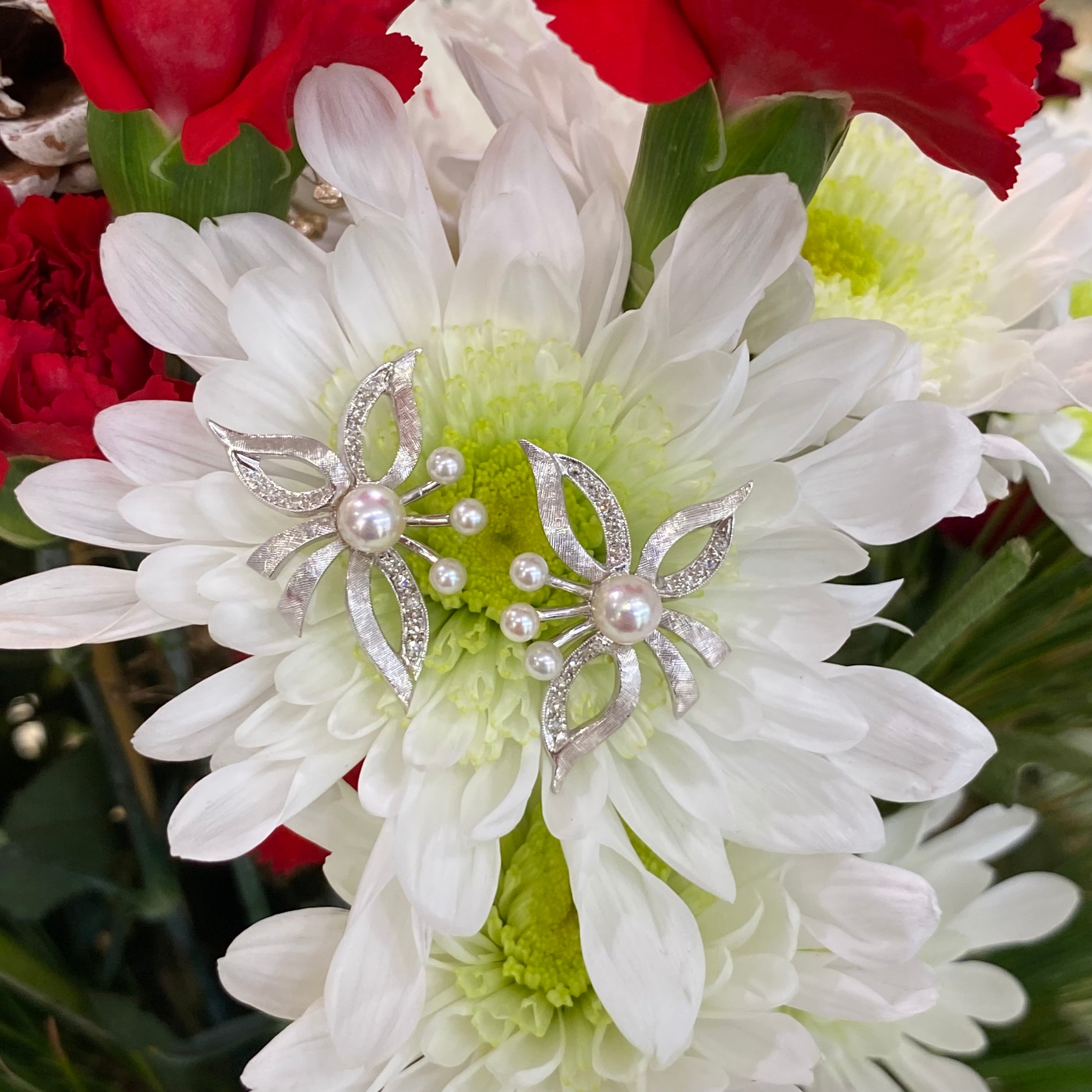 Vintage Floral Arrangement Pearl and Diamond Earrings