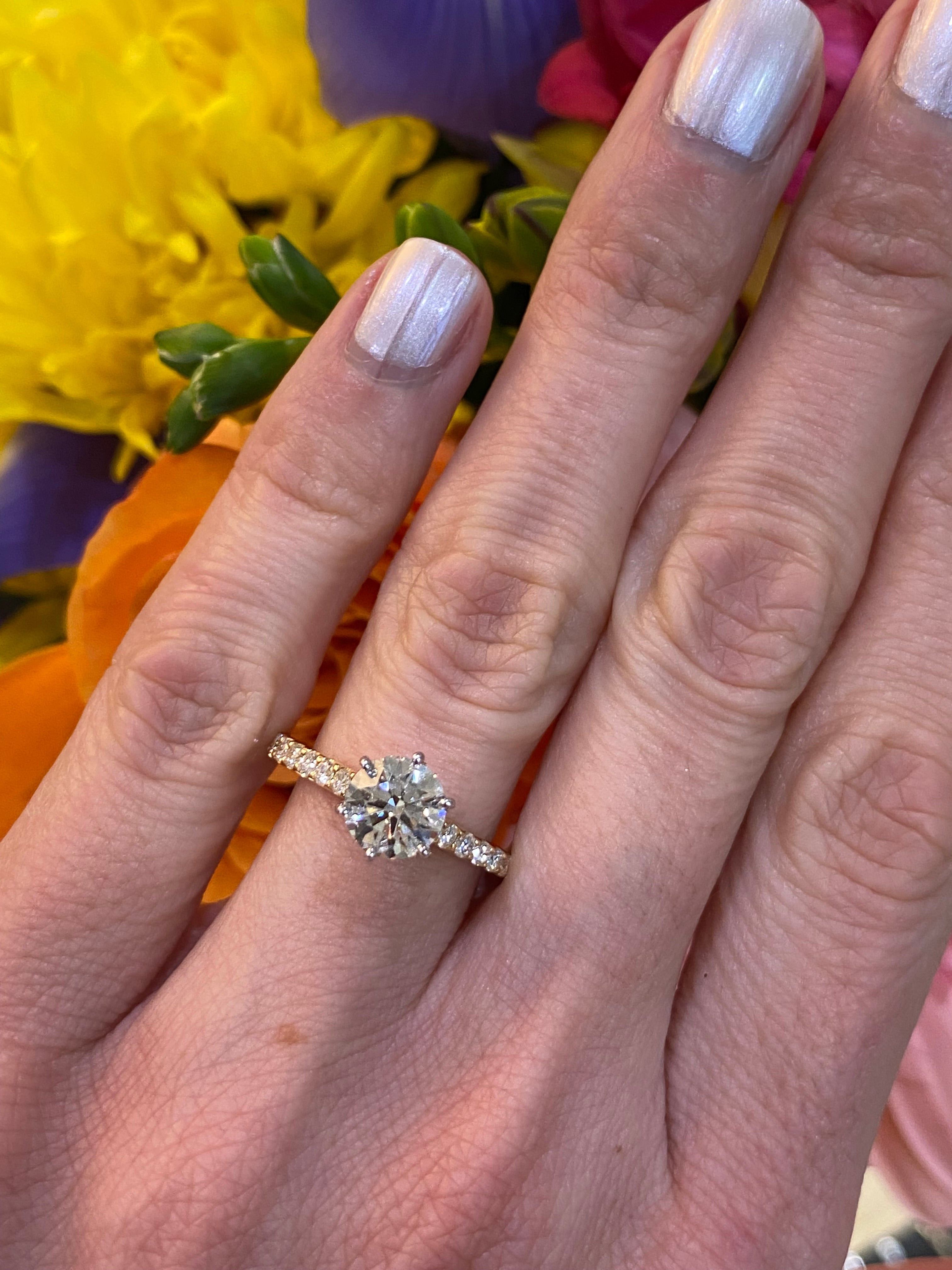 18K Two Tone Gold Round Diamond Center with Round Diamond Band Engagement Ring