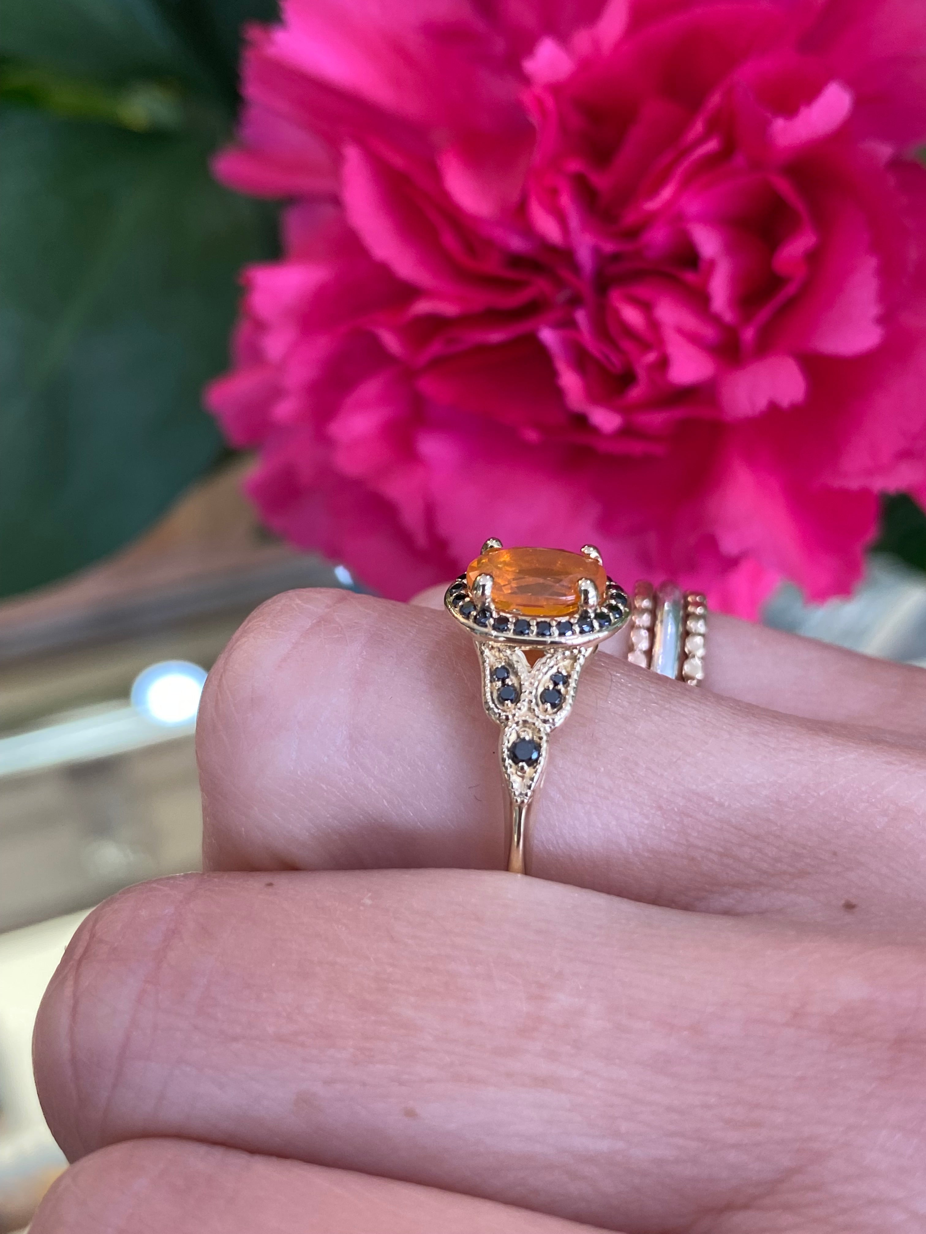 Fire Opal & Black Diamond Yellow Gold Ring