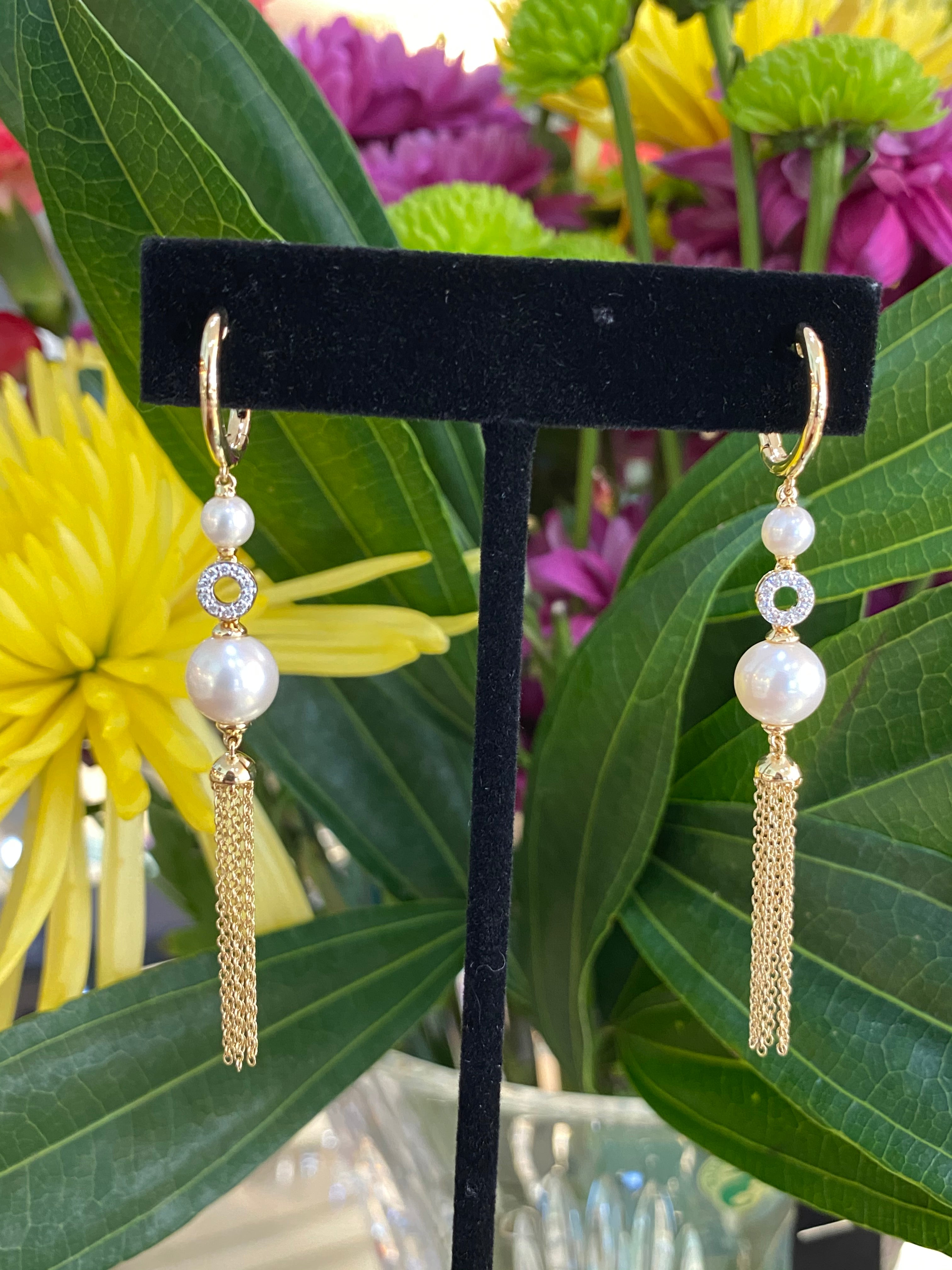 Diamond & Pearl Drop Tassel Earrings