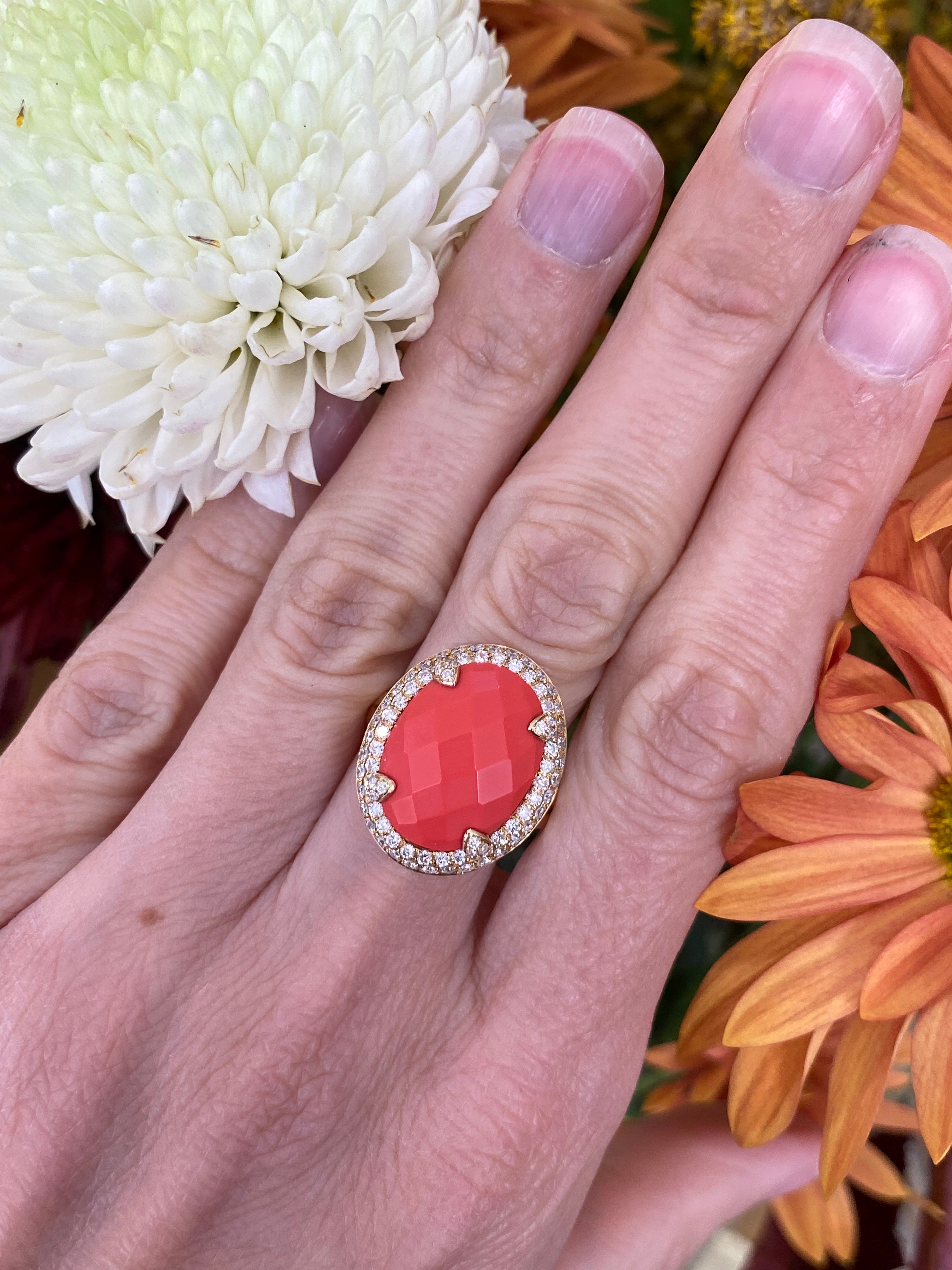 Coral & Diamond Halo Yellow Gold Ring