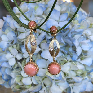 Custom Made Coral & Diamond Drop Earrings in 18K Yellow Gold