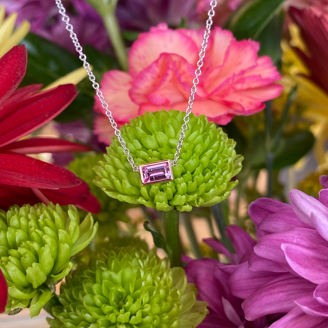 Custom Made Emerald Cut Pink Sapphire Necklace in Rose Gold