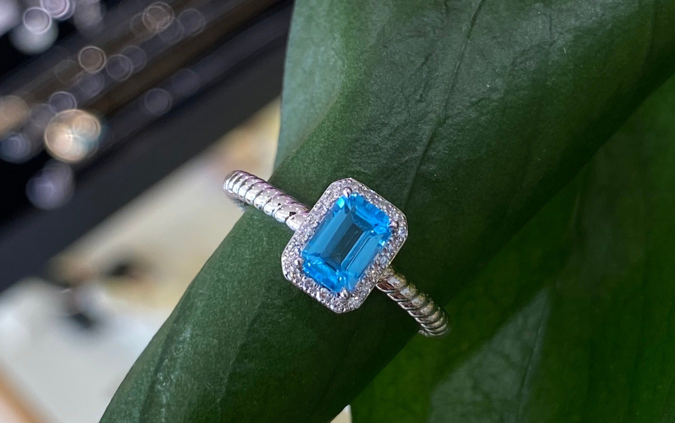 Blue Topaz and Diamond Ring with Twisted Band