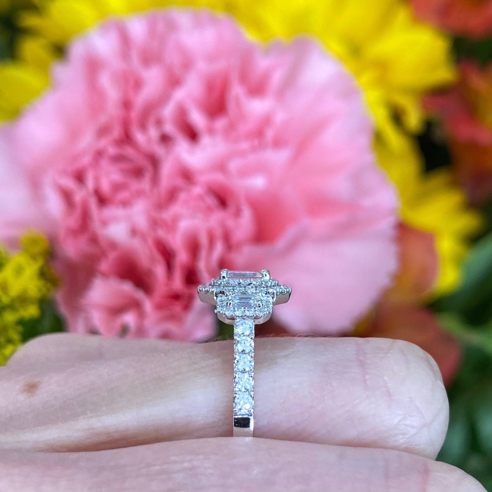 Mosaic Emerald Cut Three Stone Diamond Ring in 14k White Gold