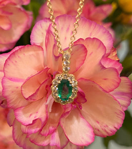 Emerald and Diamond Halo Necklace