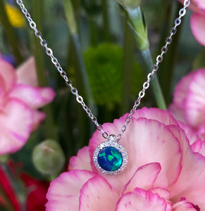 Petite Blue Opal and Diamond Halo Necklace
