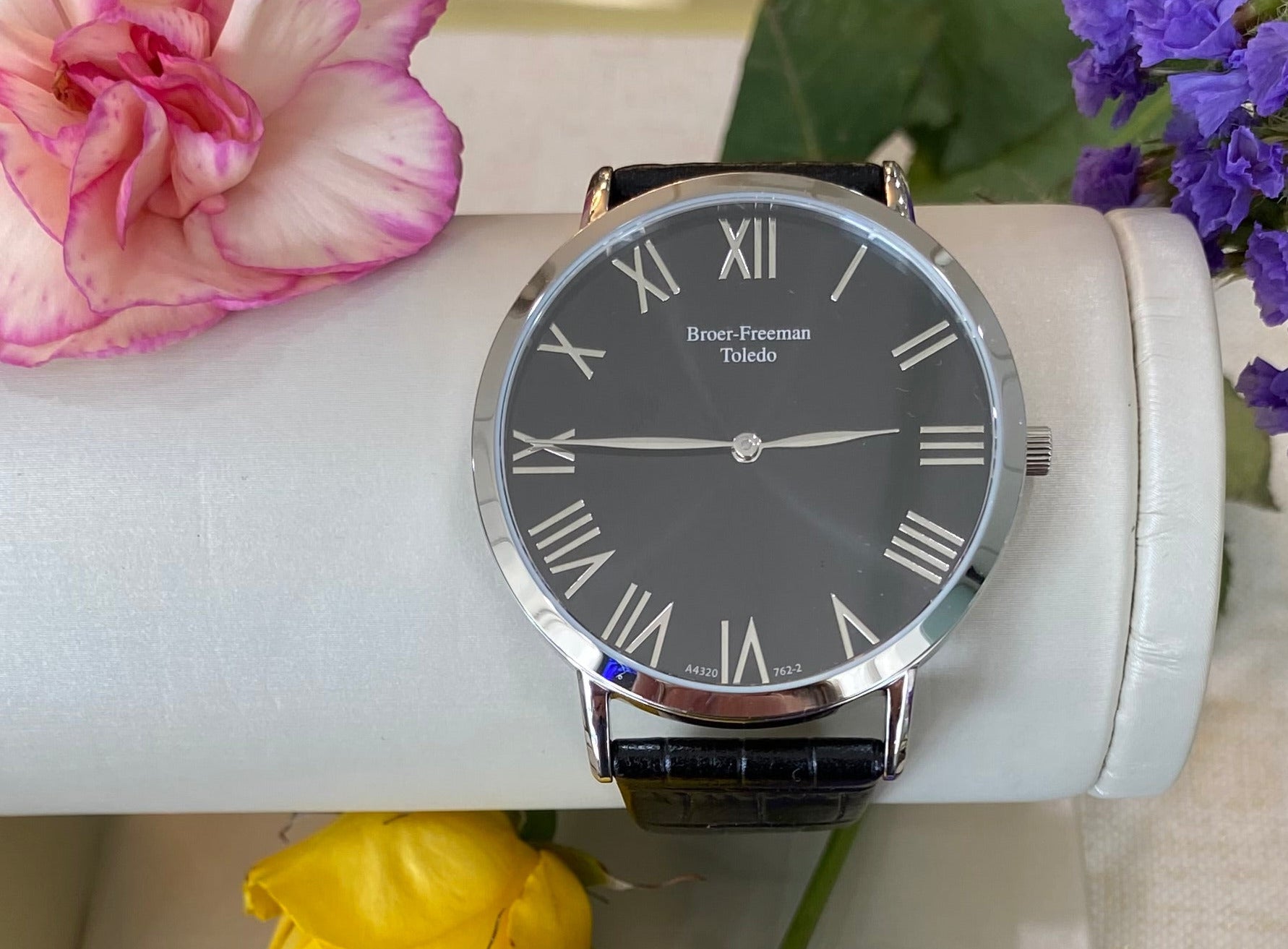 Black Dial Silver Toned Leather Watch