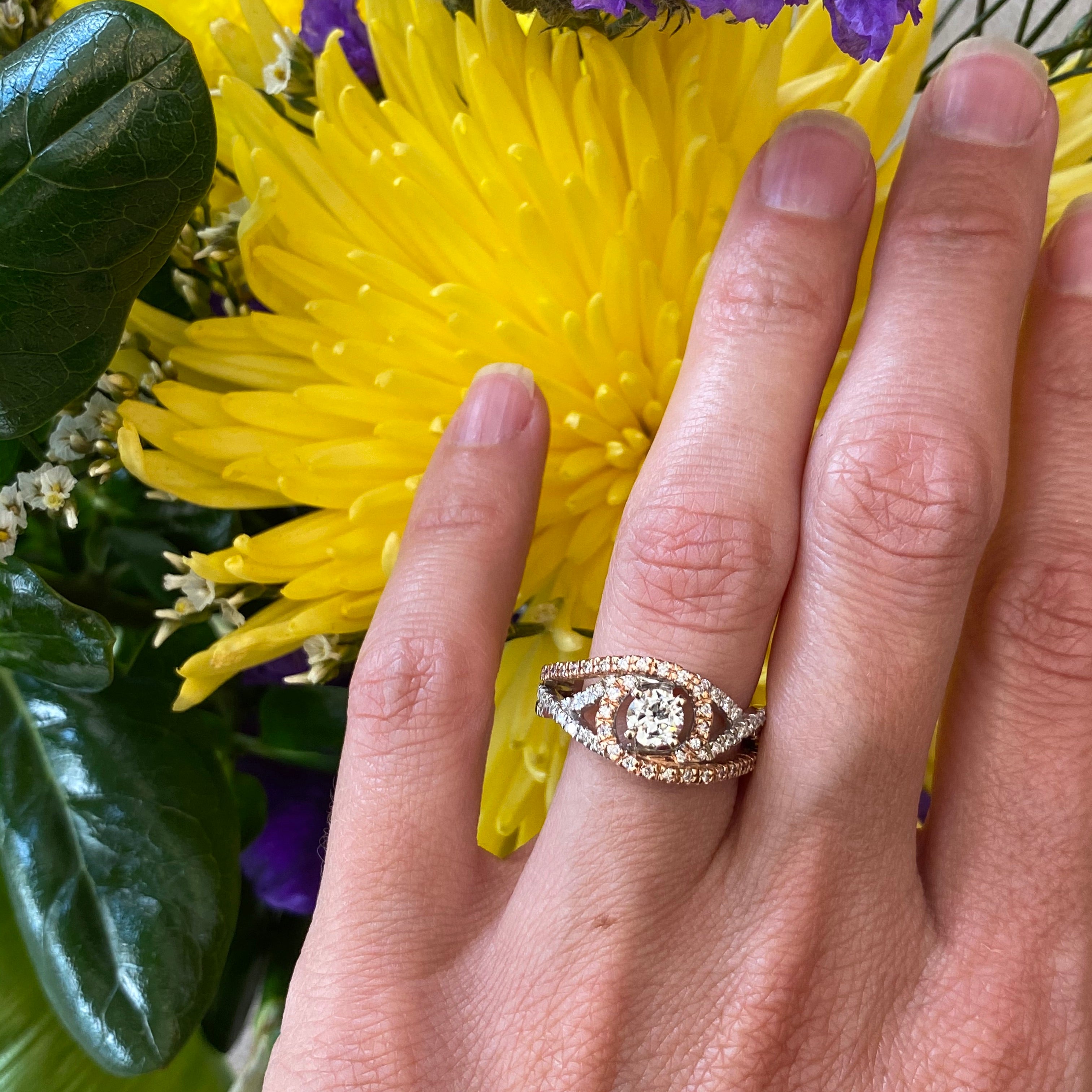 Rose & White Gold Diamond Swirl Engagement Ring