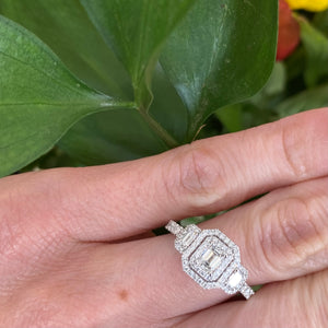 Mosaic Emerald Cut Three Stone Diamond Ring in 14k White Gold