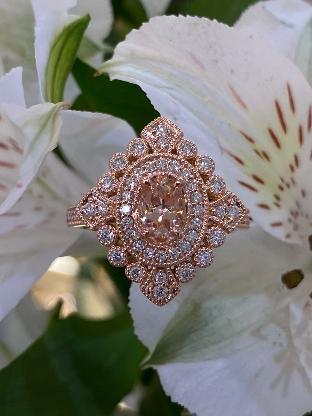 Fancy Vintage Inspired Morganite & Diamond Ring