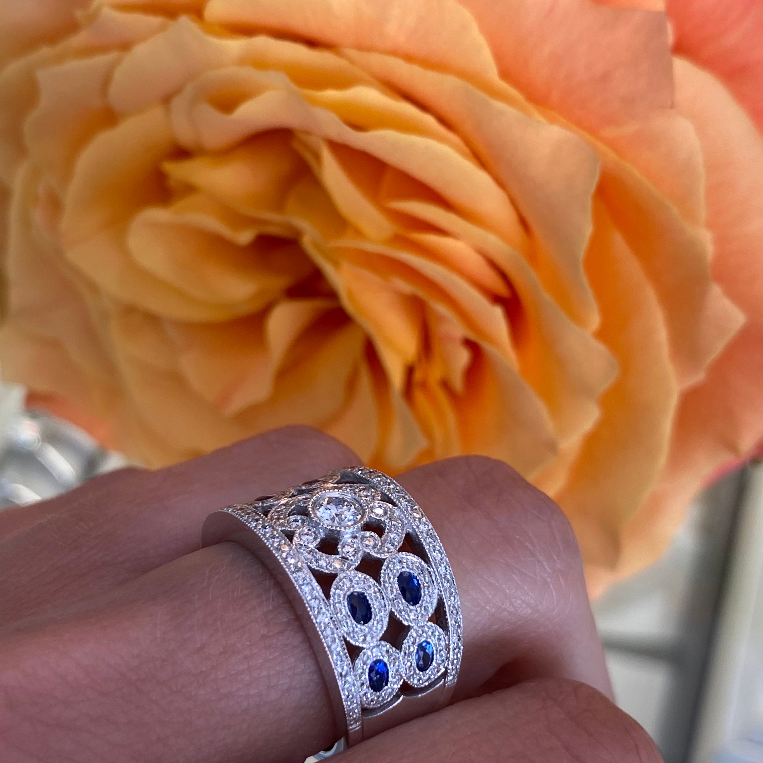 Sapphire & Diamond Milgrain Wide Ring