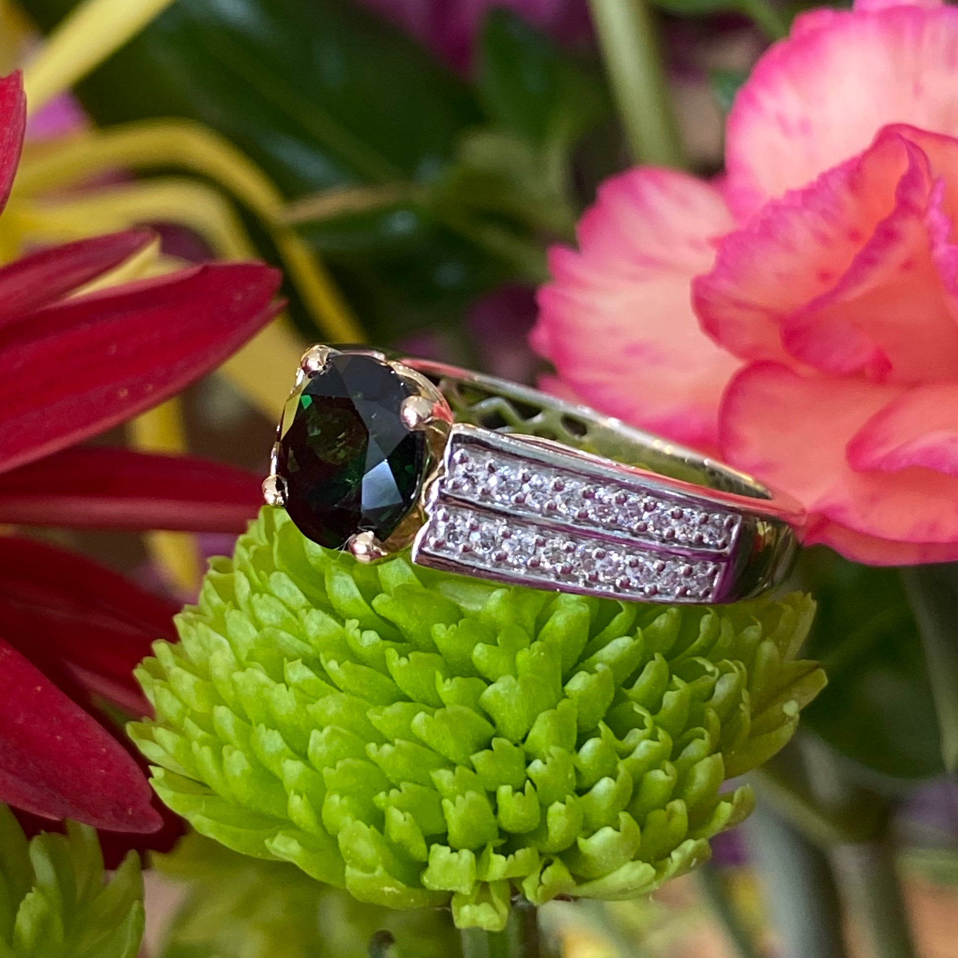 Green Tourmaline Double Diamond Band Ring