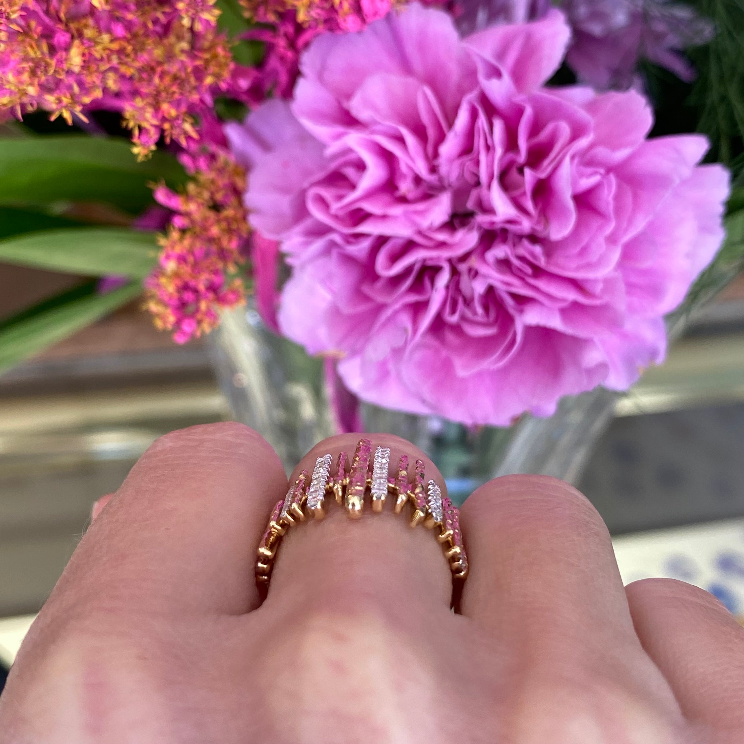 Retro Style Diamond Stick Ring in Yellow and White Gold