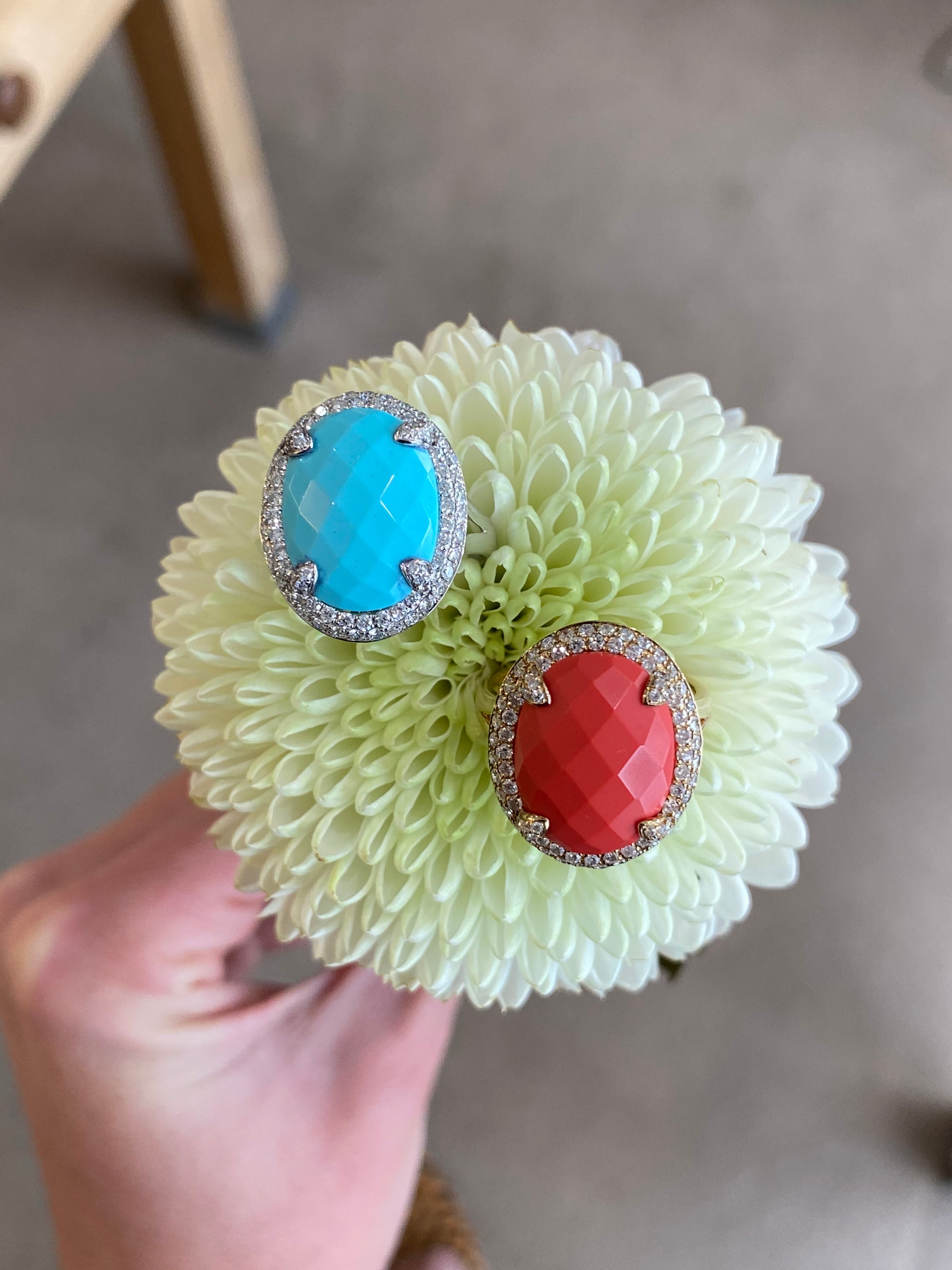 Coral & Diamond Halo Yellow Gold Ring