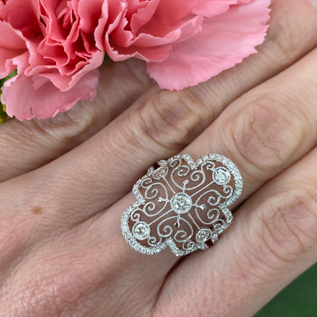 Vintage Inspired Lace Style Diamond Ring in 18k White Gold
