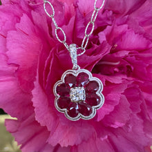 Load image into Gallery viewer, Ruby and Diamond 18K White Gold Flower Pendant Necklace
