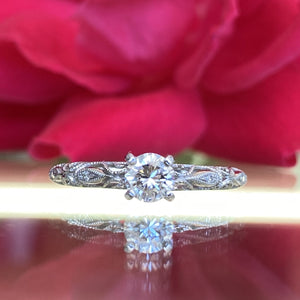 Fancy Round Solitaire Engagement Ring with Filigree Scroll Work