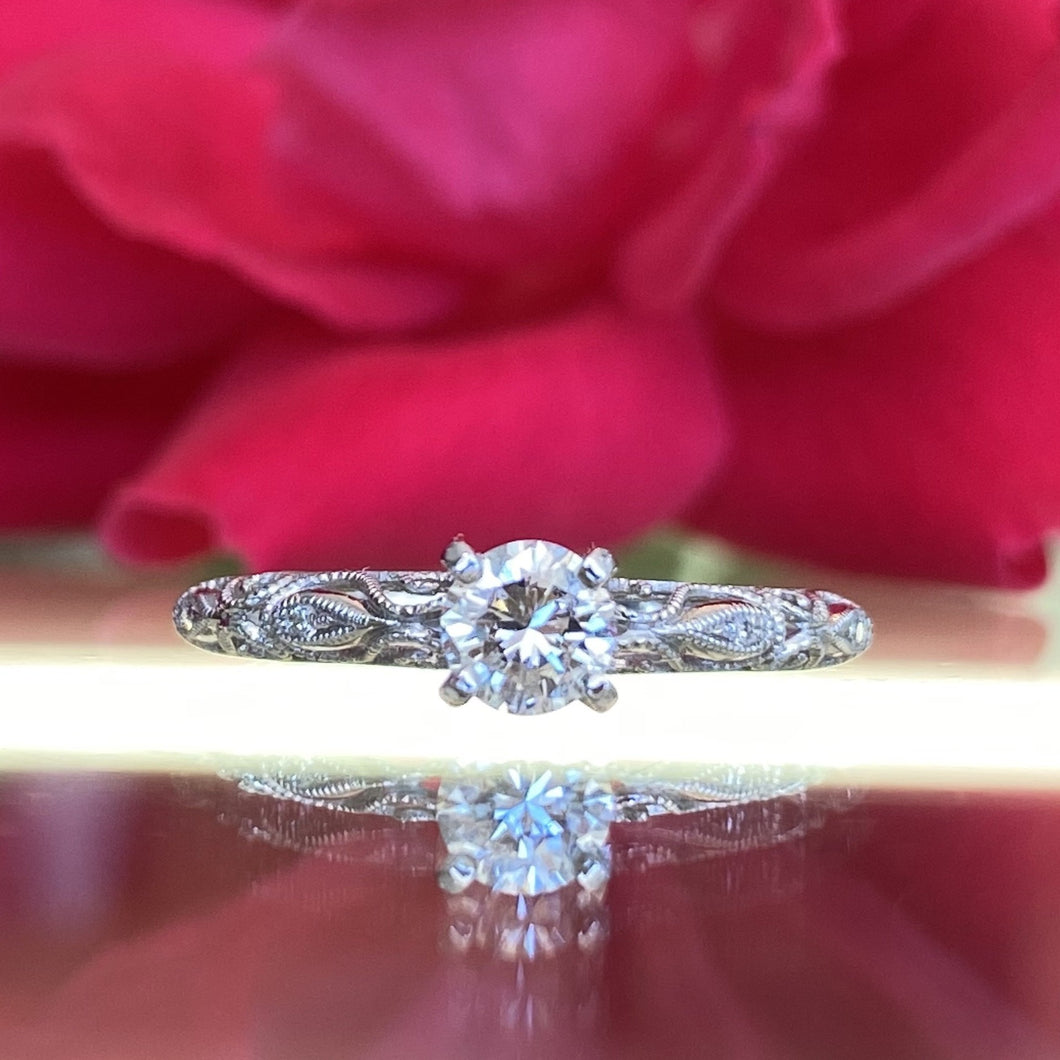 Fancy Round Solitaire Engagement Ring with Filigree Scroll Work