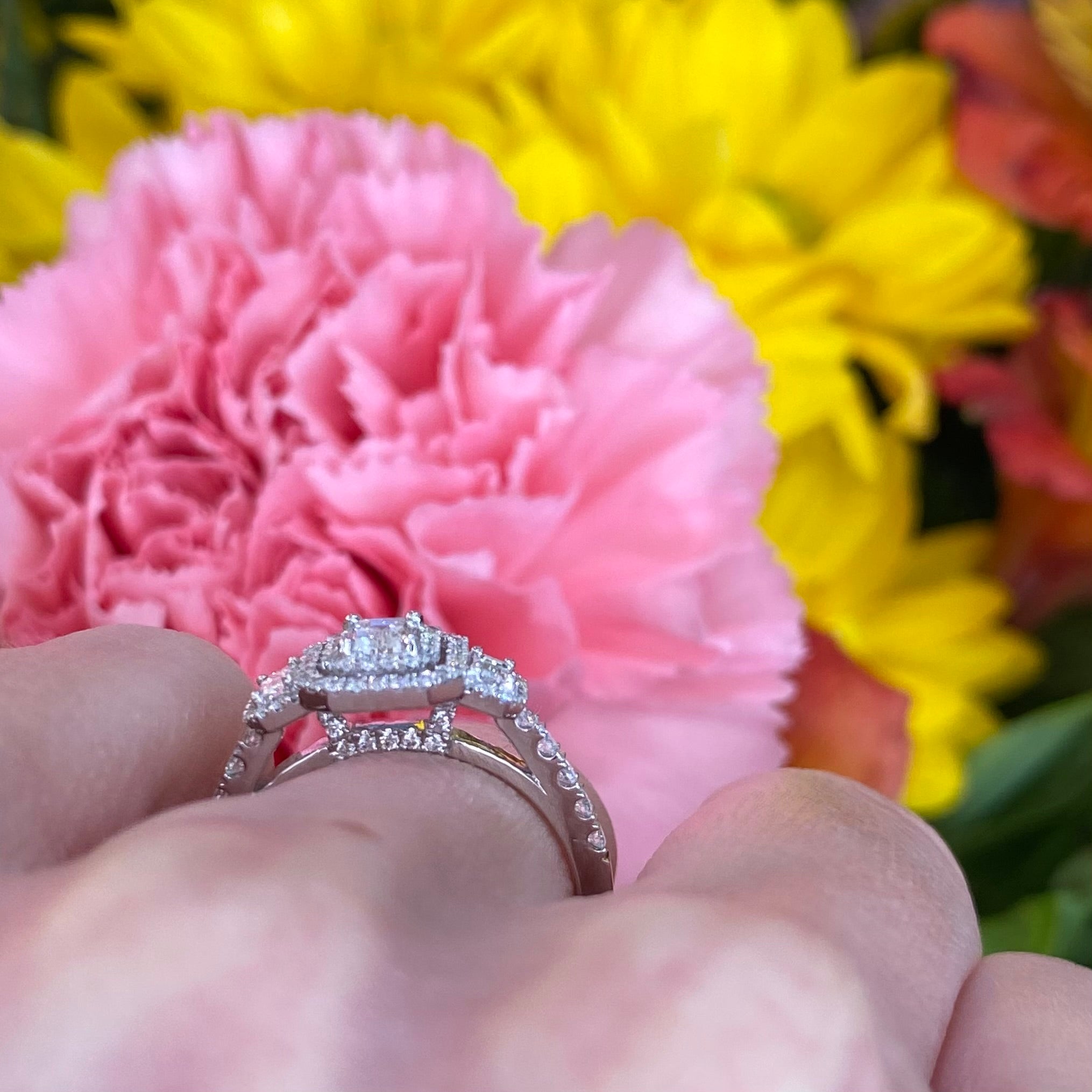 Mosaic Emerald Cut Three Stone Diamond Ring in 14k White Gold