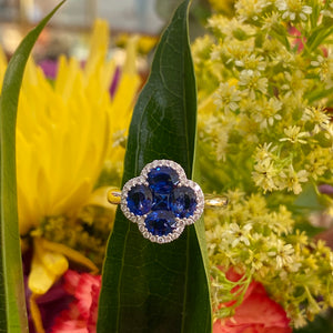 Sapphire & Diamond Clover Shaped Ring