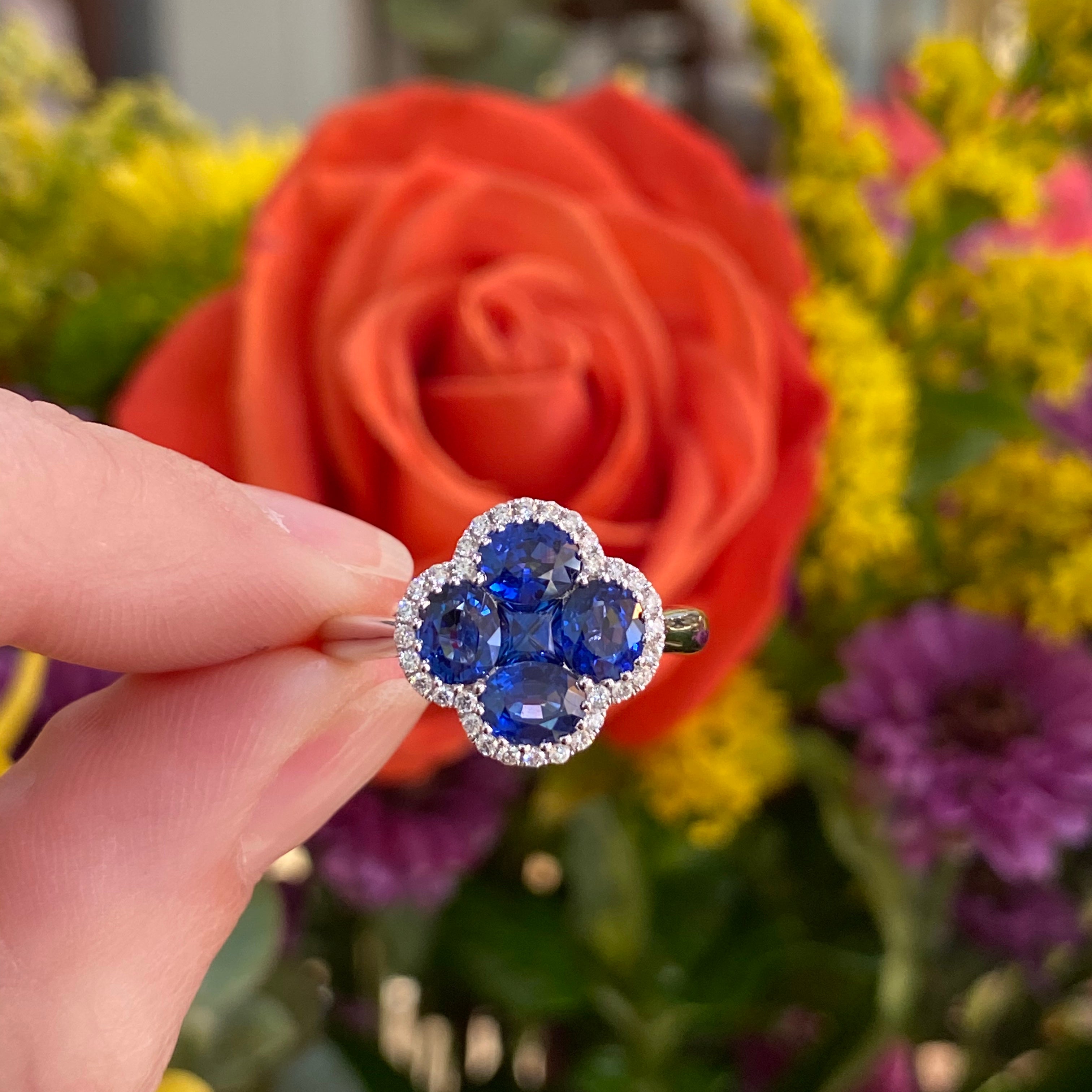 Sapphire & Diamond Clover Shaped Ring