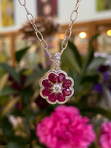 Ruby and Diamond 18K White Gold Flower Pendant Necklace