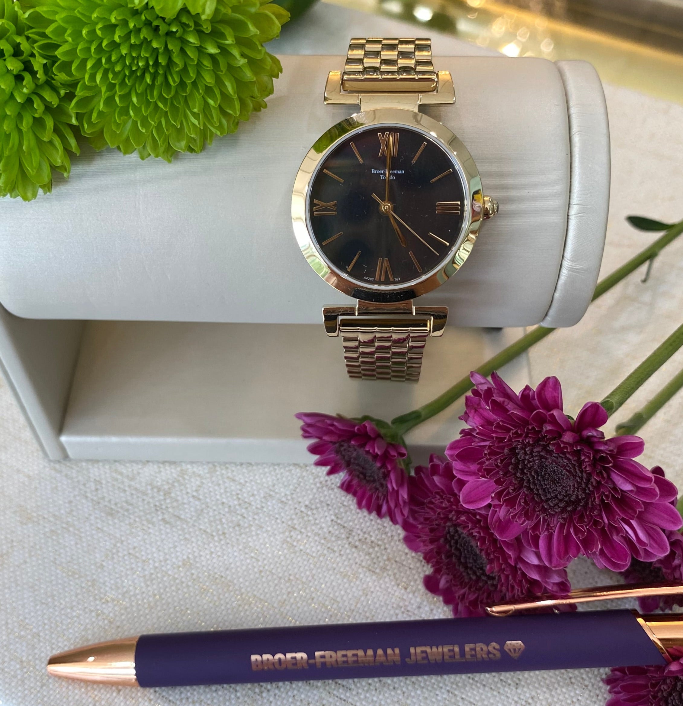 Black Mother of Pearl Dial Gold Toned Bracelet Watch