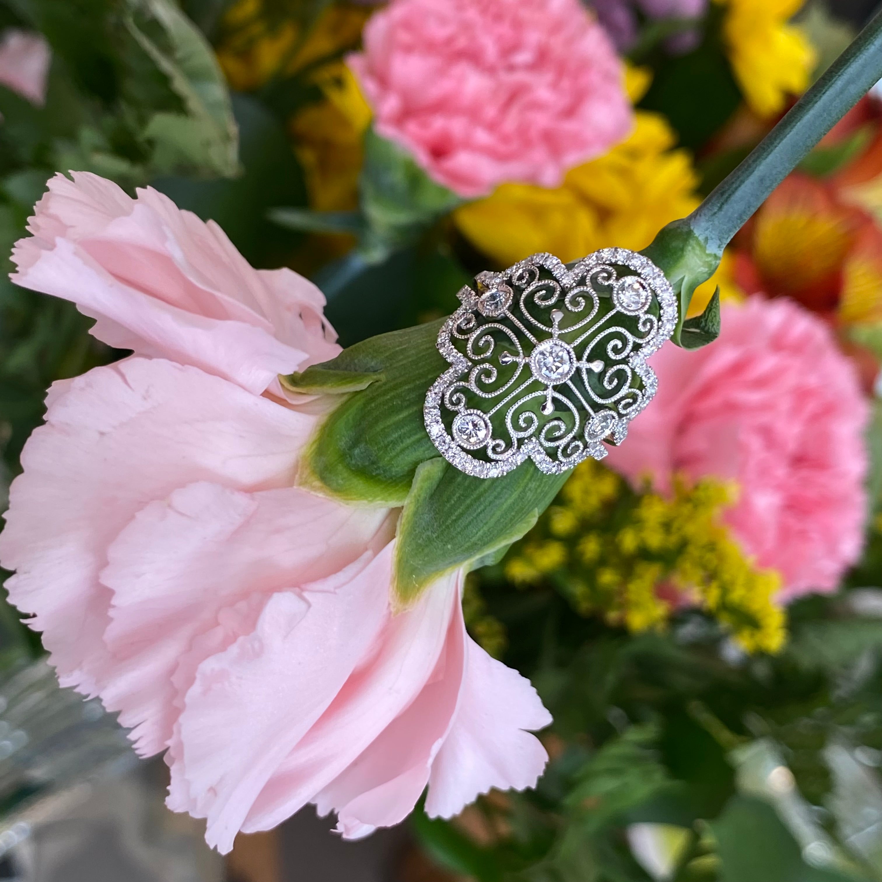 Vintage Inspired Lace Style Diamond Ring in 18k White Gold